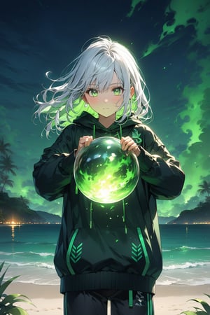 12 year old girl, practicing with the bow, black bow color and emerald green arrows, long white hair, emerald green eyes, black sweater, shores. green fire landscape background at night