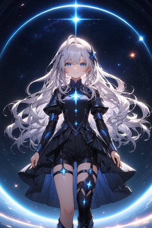 Little girl, very beautiful and very small with luminous hair, half of her hair is white and the other half is super long black with fantasy-like clothes and shorts, with blue eyes like the sky and a smile that would kill anyone with stars Black lines surrounding them and a dark space like a black hole behind her.