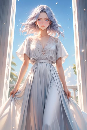 beautiful 16 year old girl, white and light blue hair, skin soft as silk, blue eyes like a precious gem with a thousand colors, a resplendent smile, small in age but beautiful on the outside, long dress with a white color combined with light blue like the clear and a short coat as soft as silk. sky with a white that matches its beauty, snow-white shoes.,Extremely Realistic,More Reasonable Details