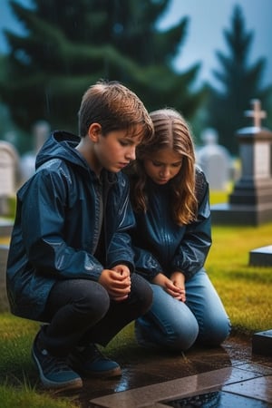 a boy and a girl, 13 years old, in a cemetery, both burned, tears in their eyes, rainy day, both kneeling in front of a grave, crying and suffering in their eyes, on a stormy night