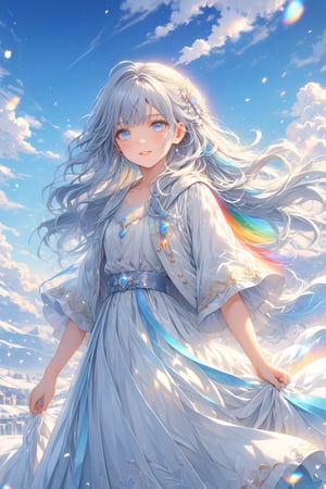 beautiful 16 year old girl, white and light blue hair, skin soft as silk, blue eyes like a precious gem with a thousand colors, a resplendent smile, small in age but beautiful on the outside, long dress with a white color combined with light blue like the clear and a short coat as soft as silk. sky with a white that matches its beauty, snow-white shoes.