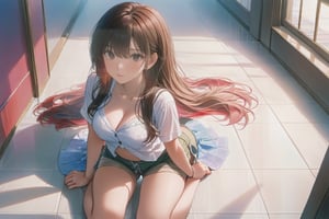 masterpiece, best quality, portrait photo of a 18 years old j-pop girl, posing to viewer, show from front low angle, ass up, cleavage, lying aside stomach on floor, full body, wearing shorts, white shirt, beautiful face, perfect eyes, long hair