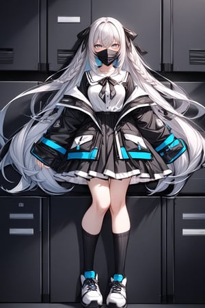 16-year-old girl, white hair, very long hair, with a black facial mask that covers the entire face, the entire face covered, long black robe down to the feet, dark background, and white shirt, looking at the viewer, full body 1.40 meters, dark room, and behind some computers with a dark background.,1girl, 1boy