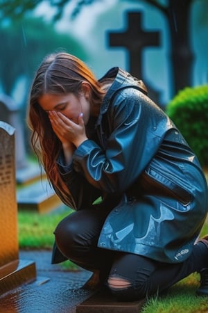 a boy and a girl, 16 years old, in a cemetery, both burned, tears in their eyes, rainy day, both kneeling in front of a grave, crying and suffering in their eyes, on a stormy night, rain falls without stopping