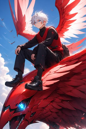 16-year-old boy, white hair, black sweater, black and red vest, black military-style pants below the knees, scar in his left eye, blue eyes, riding a giant black and red bird with 4 wings.