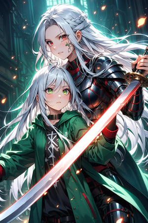 A 12-year-old boy and girl, practicing with swords. 12-year-old girl, super long white hair mixed with pure black, emerald green eyes, torn emerald green clothes, wielding a green-bladed sword. 10-year-old boy, super long pure black hair, black and red eyes, torn black clothes, wielding a red-bladed sword.