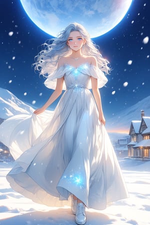 beautiful 16-year-old girl, white and light blue hair, skin soft as silk, blue eyes like a precious gem with a thousand colors, a resplendent smile, small in size but beautiful on the outside, long dress with a white color combined with light blue like the clear. sky with a white that matches its beauty, snow-white shoes.