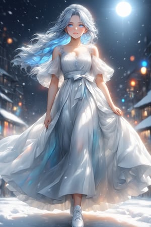 beautiful 16-year-old girl, white and light blue hair, skin soft as silk, blue eyes like a precious gem with a thousand colors, a resplendent smile, small in size but beautiful on the outside, long dress with a white color combined with light blue like the clear. sky with a white that matches its beauty, snow-white shoes.,DonMB4nsh33XL 