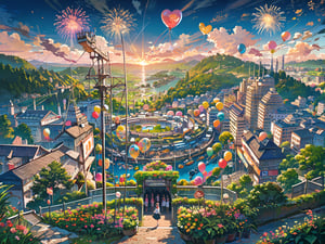 sunset,score_9, score_8_up, score_7_up, source_anime, masterpiece, best quality, landscape, amusement park, electrical parade, lots of people, balloons, fireworks, 