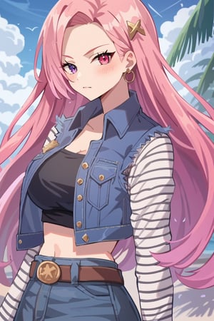 score_9, score_8_up, score_7_up BREAK, anime screencap, anime coloring,source_anime, 1girl,((detailed eyes,pink eye, purple eye, heterochromia, pink hair, ((sidelocks, long hair,bangs hair)), hair ornament)), {{{{blush}}}},looking viewer, {{{dynamic angle, cinematic light,volumetric lighting, shiny skin, best quality, amazing quality, very aesthetic, highres, incredibly absurdres}}}, best quality, amazing quality, very aesthetic, EssieVTXL,(((costume android_18  , clothes android_18,(full_body))))