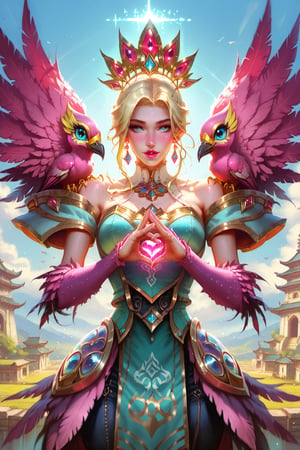 A beautiful harpy sage at her sky mountain temple, sensual harpy, yellow and pinky skin, pink and cyan feathers, light-blue eyes, stunning light-armor, intricate, highly detailed, amazing wallpaper art of Yoongonji: 1.2, Natural illumination, masterpiece, post-processing effects, finely detailed mesmerizing eyes: 1.2, hdr, hyper-realistic, high definition, better_version_at_the_source, better camera angle.