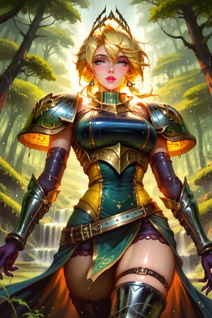 A beautiful female sensual knight at dead forest road, yellow and pinky skin:1.3, light-blue eyes, stunning female knight armor, intricate, highly detailed, amazing wallpaper art of Yoongonji. Post-rain scene at dead forest road, perfect raining skies, atmospheric scene, natural illumination, masterpiece, post-processing effects, finely detailed mesmerizing eyes: 1.2, hdr, hyper-realistic, high definition, better_version_at_the_source, better camera angle.