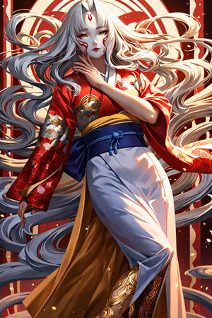 A mysterious Oni warrior, 'Kokoro', stands proudly amidst a vibrant, swirling background featuring intricate Japanese patterns. Her striking features are illuminated by realistic, high-fidelity lighting, showcasing her porcelain complexion and piercing gaze. A cascade of long, flowing white hair frames her face, while a stylish kimono wraps around her lithe figure. High-heels adorn her feet, adding a touch of sophistication to her intimidating presence.