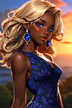 beautiful lady with theme of fantasy and sci-fi, sensual face, blonde short wavy hair, purple eyes, dark skin, blushy face, (beautiful blue make-up : 2), high-heels, (tight patterned dress : 2), thick sensual body : 2), (navy jewelry : 2), (navy earings : 2), bad-omen concept girl, sensual, pinky sunset, orange clouds, beautiful paradise view, full body view, (uhd, hdr, post-processing, vivid colors, high-contrast, realistic lighting, bloom lighting), (depht of field : 2), (realistic anime cgi art : 1.4), (cgi sensual girls art : 1.6), (manhwa wallpaper art : 1.4), (yoongonji art : 1.8),