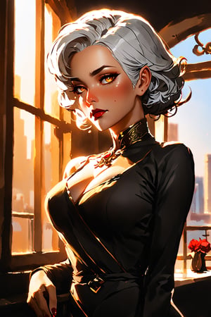A sensual almost undressed woman with a confident pose, sensual smile, beautiful gothic make-up, yellow eyes, its a old woman, (older anime woman : 2), have a definited thick body, (sensual thick body : 2), dressed in elegance gothic style, high-heels, restaurant with modern city view, sunlighting entering through the window, (uhd, vivid colors, high-contrast, bloom lighting), (depht of field : 2), (ilya kuvshinov art : 1.6) (sam does art : 1.2), (manhwa wallpaper art art : 1.4), (realistic anime cgi art : 1.2), (masterpiece), make a manhwa sensual art, 