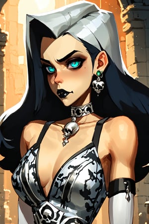 beutiful madame in Skullgirls art style at ancient ruins, expressive eyes, sensual pose, (Beautiful wallpaper in Skullgirls art style), 
BREAK
(Skillgirls character art), (Skullgirls characters style), (serious sensual face : 1.8), (white and black hair : 1.8), (blue eyes : 1.8), (gothic make-up : 2), (patterned silver gothic tight dress : 2.7), (gothic silver jewelry : 1.8), (silver skull earings : 2), (jade details : 2.2), emo boots-heels,
BREAK
Beautiful ruins, abandoned place, wet floor, (sunlight entering : 1.8),
BREAK
Full body view, (uhd, hdr, post-processing, vivid-colors, high-contrast, bloom lighting), (realistic natural illumination : 2), (depht of field : 2),
BREAK
(Sensual cartoon character art : 1.8), (webcomics art style : 1.8), (Skullgirls art style : 1.8), (cartoon sensual art wallpaper : 1.8),