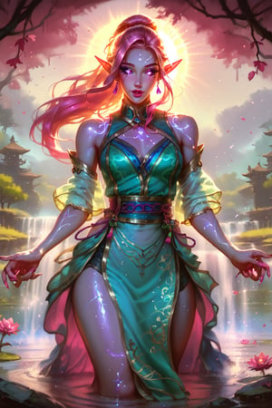 A beautiful female druid wearing a semi-transparent short dress glowing at the scene, sensual female elf:1.2, pinky and blue skin:1.3, stylish long hair, seeing through the clothes:1.1, semi-transparent short fantaay dress:1.2, intricate, highly detailed, amazing wallpaper art of Yoongonji. Sun-lighting entering through the trees and leafs, magestic dreamy scene, beautiful blossom forest at river, masterpiece, post-processing effects, finely detailed mesmerizing eyes: 1.2, hdr, hyper-realistic, high definition, better_version_at_the_source, better camera angle.