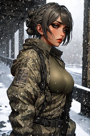 A beautiful post-apocalyptic scene with a sad woman, preocupation face, beautiful gothic make-up, camouflage details, gray eyes, its 30 years old woman, (30-40 years anime woman : 2), have a definited thick body, (sensual thick body : 2), cold elegant style, above of the bridge at river, cold winter, (snowy : 1.8), (tagged walls : 2), (uhd, vivid colors, high-contrast, bloom lighting), (depht of field : 2), (ilya kuvshinov art : 1.4) (sam does art : 1.4), (manhwa wallpaper art art : 1.4), (realistic anime cgi art : 1.4), (masterpiece), make a manhwa sensual art, ,3D