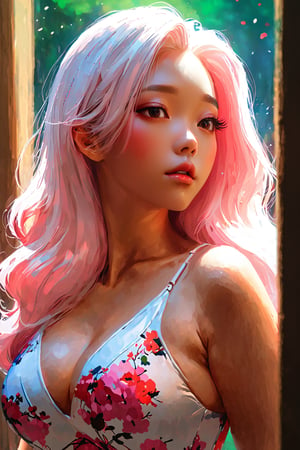 Beautiful sensual woman with perfect body looking through the window, glowing pink eyes, white long hair, beautiful make-up, detailed latex clothes, (short dress patterned : 2), (BBW body : 2), (masterpiece), (yoongonji art : 2), (beautiful new world art : 2), (sam does art : 2), (Ilya kuvshinov art : 2), lo-fi atmosphere art, (vivid colors, high-contrast, bloom lighting), (depht of field : 2), beautiful blossom scene, sunrays lighting, 