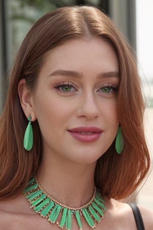 RAW photo of marinarb, (realistic and detailed face), light green eyes, discreet smile, makeup, lipstick, rimel, eddish brown hair, realistic skin texture, necklace, earring