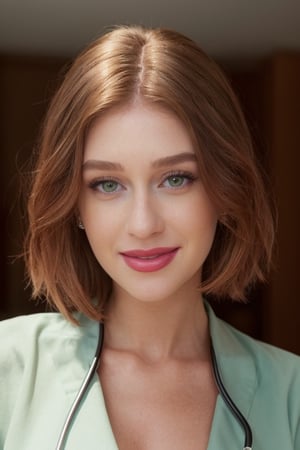 RAW photo of marinarb, (realistic and detailed face), light-green eyes, discreet smile, makeup, lipstick, rimel, eddish brown hair, realistic skin texture, full body, nurse outfit