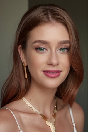 RAW photo of marinarb, (realistic and detailed face), light green eyes, discreet smile, makeup, lipstick, rimel, eddish brown hair, realistic skin texture, gold jewelry, fashion, full body