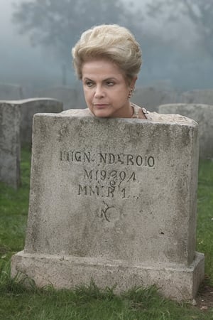 Photo of dilm4 woman, realistic old face, sitting next to her grave in the cemetery, fog, high resolution, UHD.,