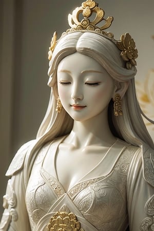 A half-body standing portrait of porcelain Guanyin statue,  with graceful figure, adorned with a crown, with extreme detail on the delicate textures, embossed patterns and fine sculptural work. Eyes gently closed and with a subtle smile. Both sides have beautiful white lotus. 
With beautiful gorgeous temple background.