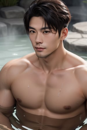 a handsome Japanese man about 28 yeas old , stubble,middle muscular,in hot spring,highly details, high-impact strictly face,hyperrealism, 7680 x 4320 pixels resolution showcases his sharp features, grisp rendering quality pixels, lifelike photography showcasing an physique 


