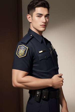 4k,best quality,masterpiece,arrogant 30 year old,Ultra-realistic,sharp, Hyper grisp rendering,realistically rendering, perfect proportions , body hair, dewy, glowing skin,glistening oiled skin , healthy lip, random hand, cute smile , arms veins, arms hair, hands_free ,Thai dark brown police officer uniform , t.rex arms thigh strap