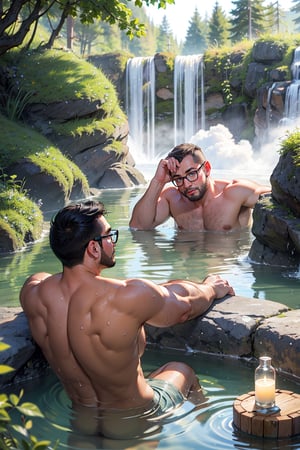 Capture the essence of a Japanese man and a Taiwanese man enjoying an outdoor hotspring together. Both are handsome, with one wearing glasses and sporting a stylish stubble, while the other shows off his muscular physique. The scene should depict them waist-deep in the hotspring, surrounded by steam and the natural beauty of their surroundings. The water reflects the serene ambiance, with their short, black, and blue hair adding to the picturesque setting. Their focus is on each other, as they share an intimate moment in the warm water.
