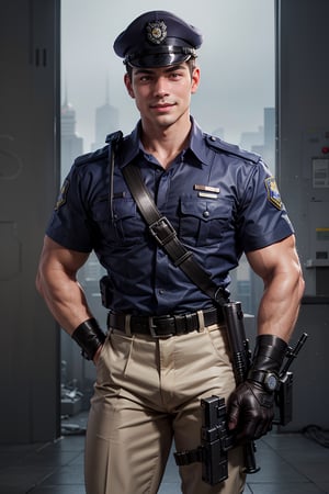 4k,best quality,masterpiece,arrogant 15 year old,Ultra-realistic,sharp, Hyper grisp rendering,realistically rendering, perfect proportions , body hair, dewy, glowing skin,glistening oiled skin , healthy lip, random hand, cute smile , arms veins, arms hair,  gun,Thai khaki color police officer uniform ,(( Thai police officer)),(( Thailand)), slimming body,  
thin and soft fabric of  outfit 