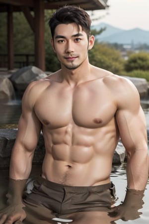 a handsome japan man about 28 yeas old , thick stubble,mustache,middle muscular male,in hot spring,highly detailed



