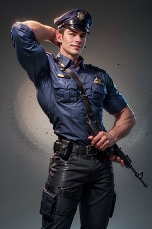 4k,best quality,masterpiece,arrogant 15 year old,Ultra-realistic,sharp, Hyper grisp rendering,realistically rendering, perfect proportions , body hair, dewy, glowing skin,glistening oiled skin , healthy lip, random hand, cute smile , arms veins, arms hair,  gun,Thai khaki color police officer uniform ,(( Thai police officer)),(( Thailand)), slimming body,  
thin and soft fabric of  outfit, ( khaki color  or dark brown color outfit), slender body man, t.rex arms thigh strap