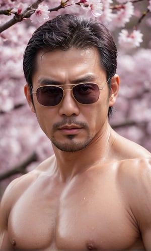 imagine the following scene

A beautiful, muscular japanese man with his body completely bathed in Petroleum.

The man has very beautiful eyes, with sunglasses,full and pink lips,stubble , sexy, 60yo.

wearing wafuku . The scene takes place in a blossom Sakura tree , dynamic pose. Intense and very serious look at the camera

Many details.,asian man