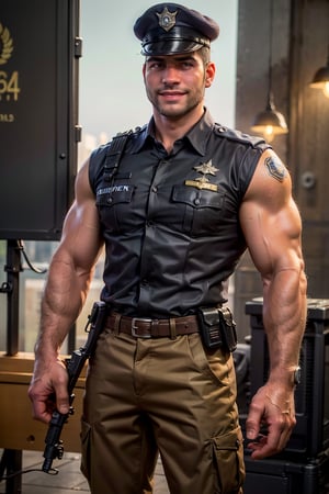 4k,best quality,masterpiece,arrogant 30 year old,Ultra-realistic,sharp, Hyper grisp rendering,realistically rendering, perfect proportions , body hair, dewy, glowing skin,glistening oiled skin , healthy lip, random hand, cute smile , arms veins, arms hair,holding  gun,Thai khaki color police officer uniform 