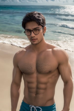 "Create a high-resolution 4K realistic photo of two handsome Thai men with muscles at the beach.(((2mans))),One man should be wearing glasses. The photo should show the men in a beach setting, with the ocean and sand around them. Both men should look sexy but not explicit, with differences in their body shapes and facial features. Capture the natural beauty of the beach environment and the sensuality of the men in the scene."

