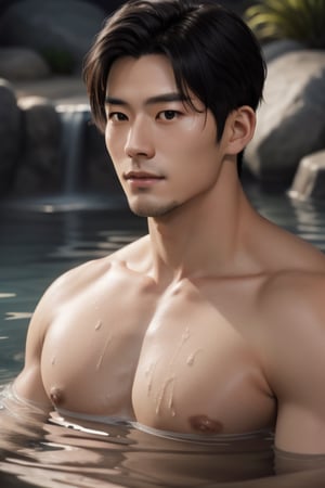 a handsome Japanese man about 28 yeas old , stubble,middle muscular male,in hot spring,highly details, high-impact strictly face,hyperrealism, 7680 x 4320 pixels resolution showcases his sharp features, grisp rendering quality pixels,  



