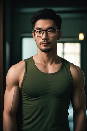 Taiwanese man,glasses , handsome , stubble, male focus, cinematic lighting, film photography,Muscle, tank top,crop top 