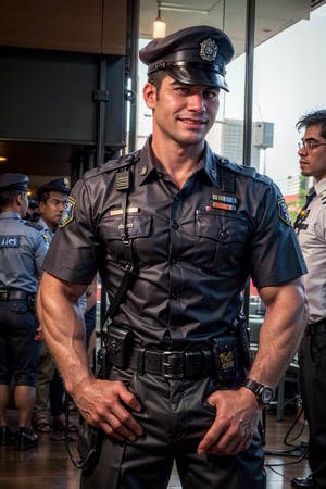 4k,best quality,masterpiece,arrogant 15 year old,Ultra-realistic,sharp, Hyper grisp rendering,realistically rendering, perfect proportions , body hair, dewy, glowing skin,glistening oiled skin , healthy lip, random hand, cute smile , arms veins, arms hair,holding  gun,Thai khaki color police officer uniform ,(( Thai police officer)),(( Thailand))