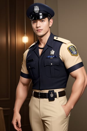 4k,best quality,masterpiece,arrogant 30 year old,Ultra-realistic,sharp, Hyper grisp rendering,realistically rendering, perfect proportions , body hair, dewy, glowing skin,glistening oiled skin , healthy lip, random hand, cute smile , arms veins, arms hair, hands_free ,Thai dark brown police officer uniform , Thigh Strap