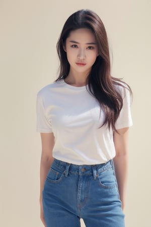 1girl, solo, brown hair, realistic, denim, pants, shirt, jeans, long hair, brown eyes, white shirt, simple background, looking at viewer, short sleeves, lips, t-shirt, cowboy shot, standing, blue pants, nose