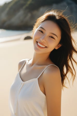 A serene coastal scene unfolds on Fujifilm XT3: a solo female figure soaks up sunshine on a tranquil beach, her finely detailed face glowing with realistic complexion. Vivid illumination casts a mysterious atmosphere as she basks in the warmth, her little breasts and nipples radiating calm. Film grain (1.2) adds texture to this stunning visual, masterfully crafted for immersion. She smiles, revealing pure white teeth, as the camera captures her serene expression amidst the sun-kissed setting.