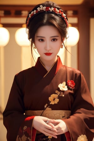 1girl, solo, looking at viewer, black hair, hair ornament, long sleeves, brown eyes, jewelry, upper body, flower, earrings, hair flower, wide sleeves, lips, chinese clothes, realistic, red lips, hanfu