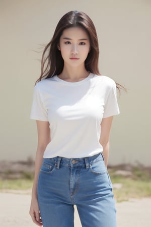 1girl, solo, brown hair, realistic, denim, pants, shirt, jeans, long hair, brown eyes, white shirt, simple background, looking at viewer, short sleeves, lips, t-shirt, cowboy shot, standing, blue pants, nose