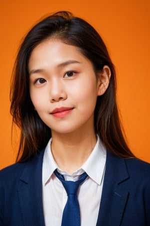 with an orange background, portrait,,school_uniform, 1girl,smile