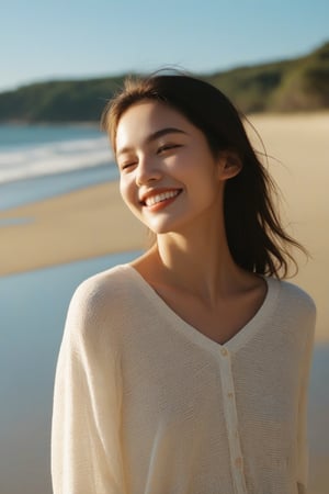 A serene coastal scene unfolds on Fujifilm XT3: a solo female figure soaks up sunshine on a tranquil beach, her finely detailed face glowing with realistic complexion. Vivid illumination casts a mysterious atmosphere as she basks in the warmth, her little breasts and nipples radiating calm. Film grain (1.2) adds texture to this stunning visual, masterfully crafted for immersion. She smiles, revealing pure white teeth, as the camera captures her serene expression amidst the sun-kissed setting.