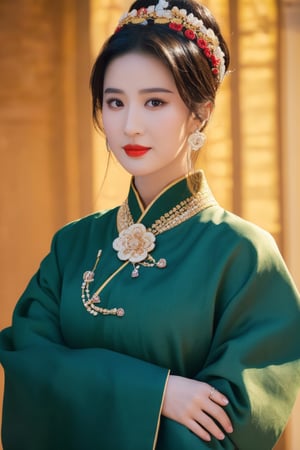 1girl, solo, looking at viewer, black hair, hair ornament, long sleeves, brown eyes, jewelry, upper body, flower, earrings, hair flower, wide sleeves, lips, chinese clothes, realistic, red lips, korean clothes,