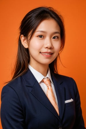 with an orange background, portrait,,school_uniform, 1girl,smile