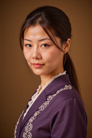 , Fiona, Against a soft, true gradient golden background, a stunning real Japanese woman with long, flowing dark hair, her piercing gaze directly addressing the viewer. Fiona, earrings, jewelry, brown hair, smile, brown eyes, looking at viewer, upper body, High ponytail, Wearing a royal Chinese-style purple luxurious Hanfu with golden trim, A jade hairpin is inserted into the head. lips, simple background, bangs, voice actor, , Realistic photograph, Movie light, film grain, outdoor, dynamic light,